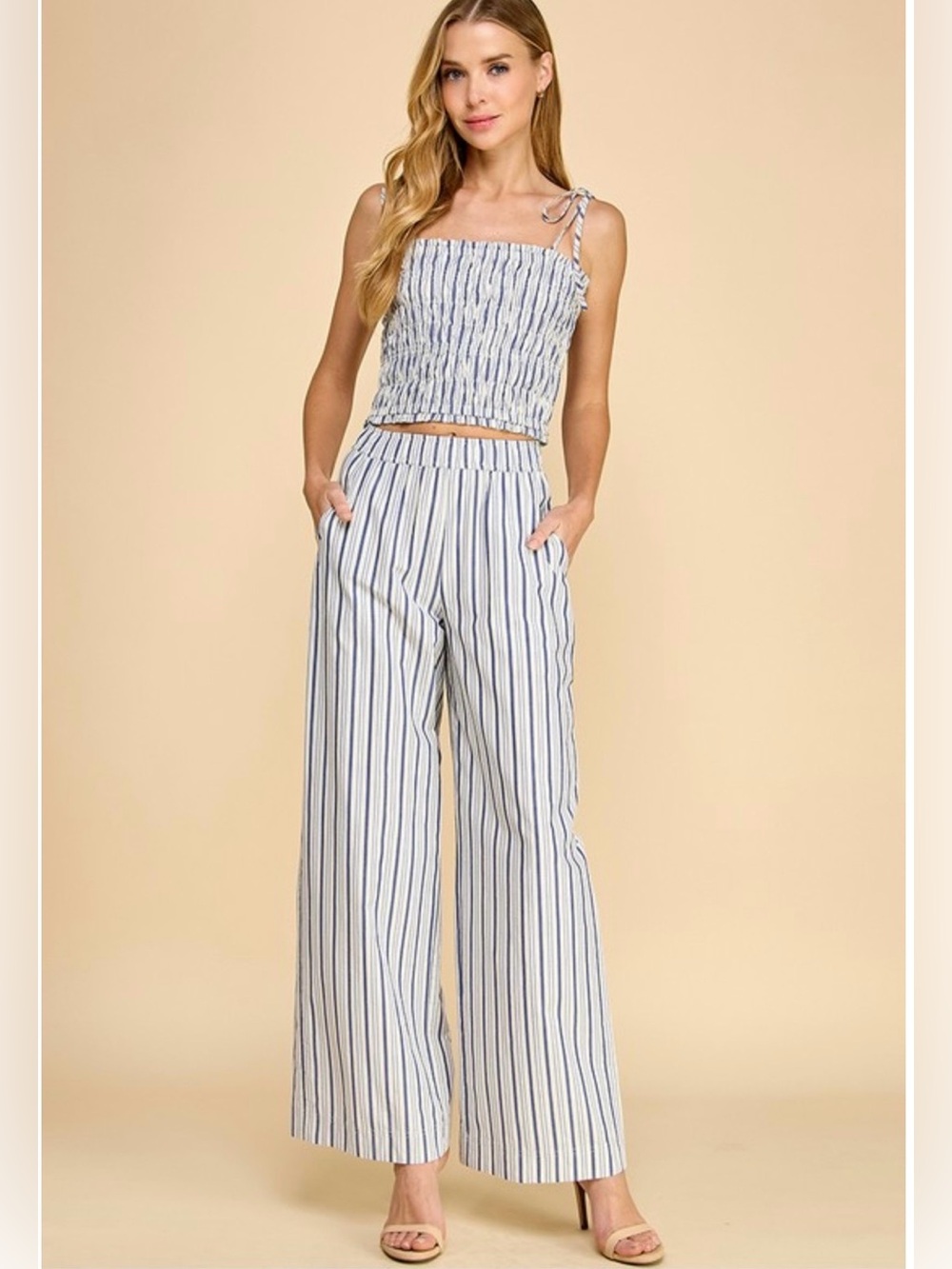 TCEC Striped Adjustable Tie Strap Top & Wide Leg Pants Set 100% Cotton